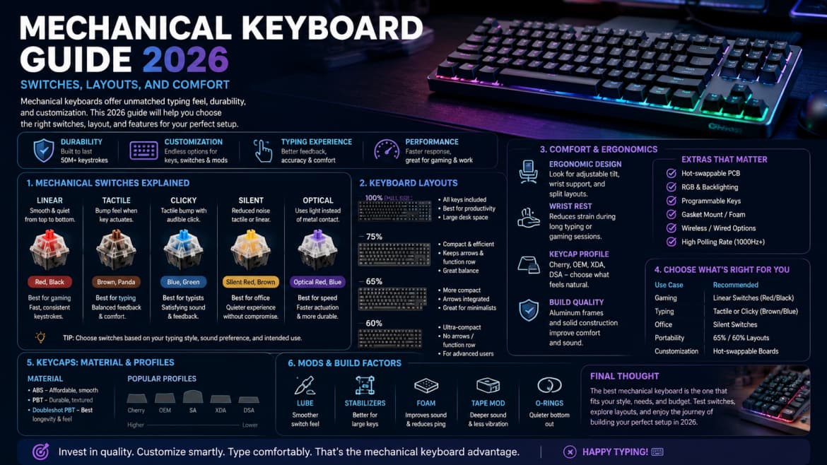 Mechanical Keyboard Guide 2026: Switches, Layouts, and Comfort — Tech article cover