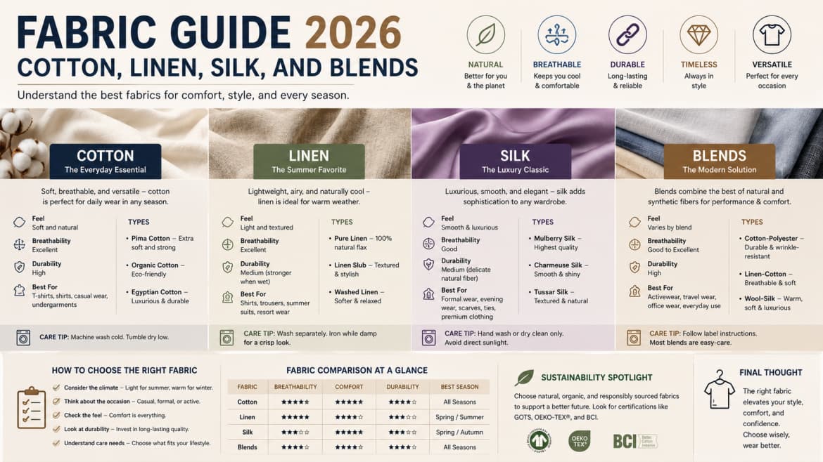 Fabric Guide 2026: Cotton, Linen, Silk, and Blends — Fashion article cover