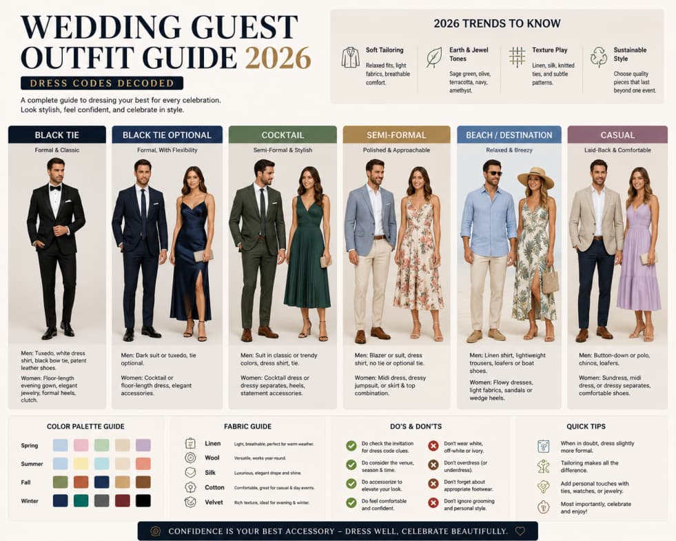 Wedding Guest Outfit Guide 2026: Dress Codes Decoded — Fashion article cover
