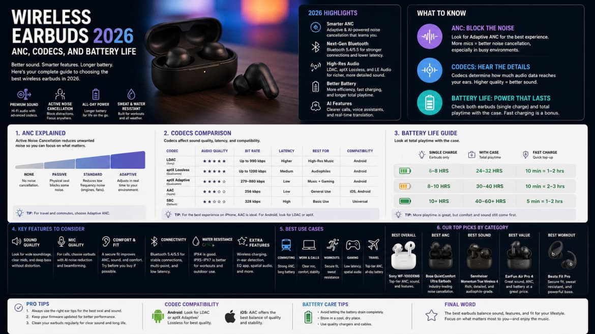 Wireless Earbuds 2026: ANC, Codecs, and Battery Life — Tech article cover