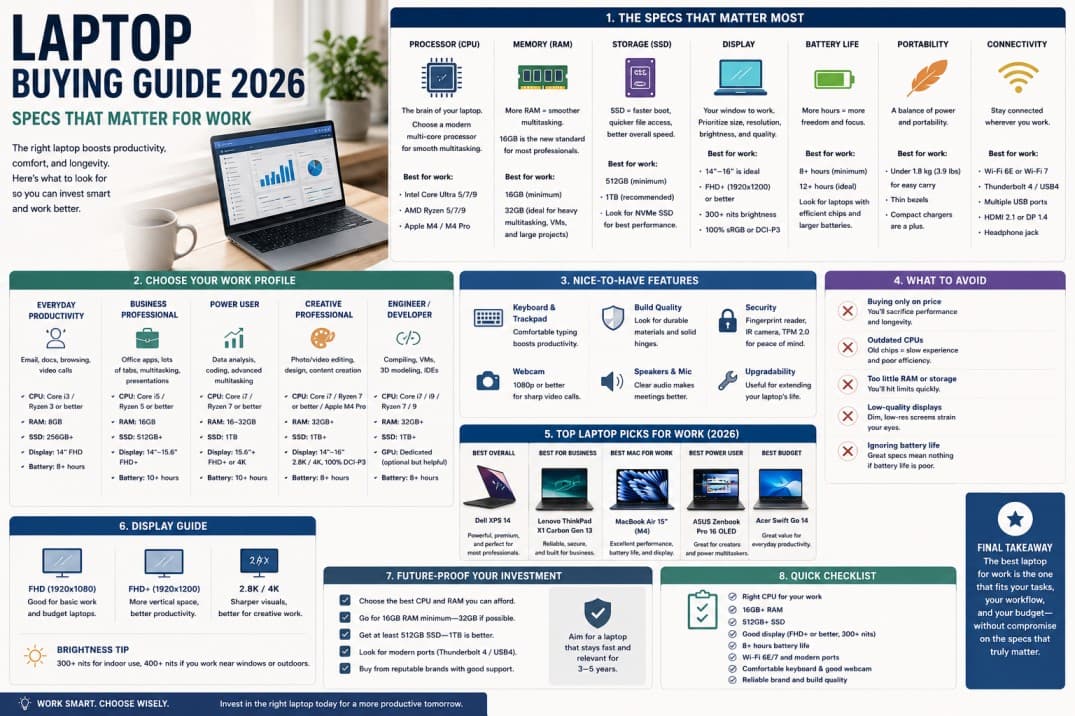 Laptop Buying Guide 2026: Specs That Matter for Work — Tech article cover